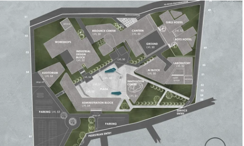 Campus master plan at 1:500 showing blocks, hostels and parking