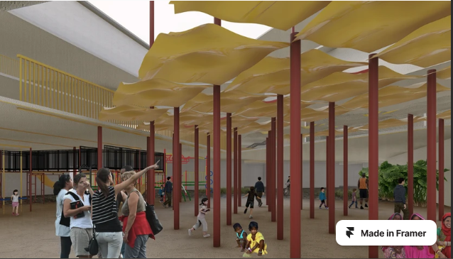 Interior render of the drying pavilion with fabric canopies and play areas below