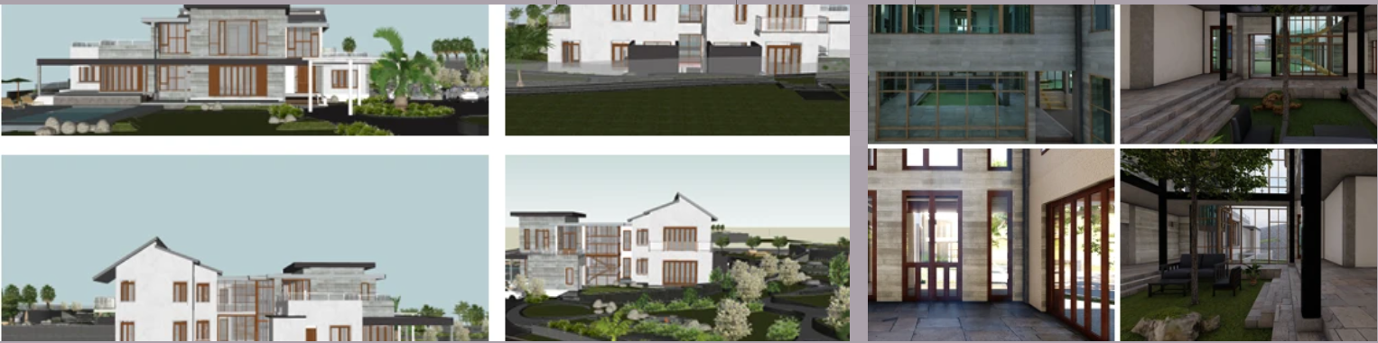 Grid of 3D visualization renders for the 6 AM villa project