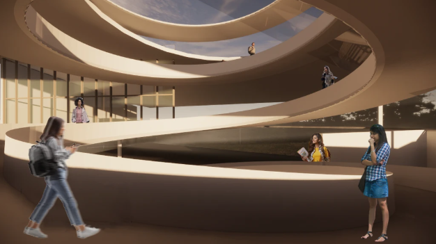 Render of the curved atrium ramps with students