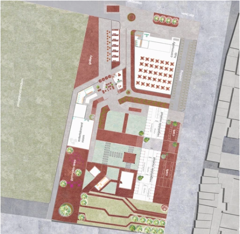 Coloured site plan of the urban mandi complex with market halls, plaza and greens