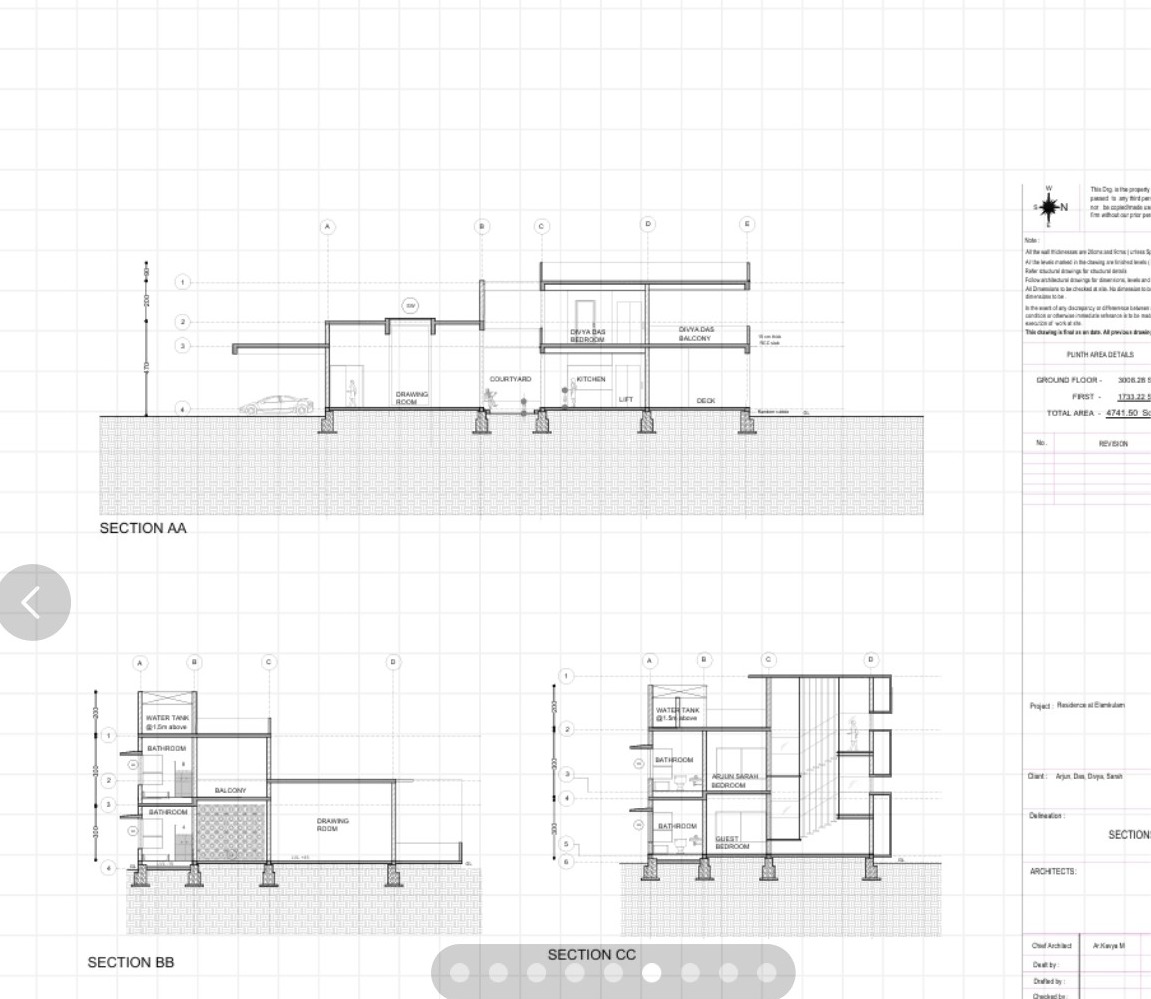 Sections AA, BB and CC through the residence
