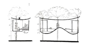 Sectional drawings showing the undulating floor used as furniture