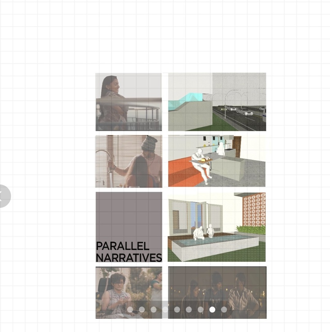 Parallel Narratives storyboard of film stills paired with 3D views