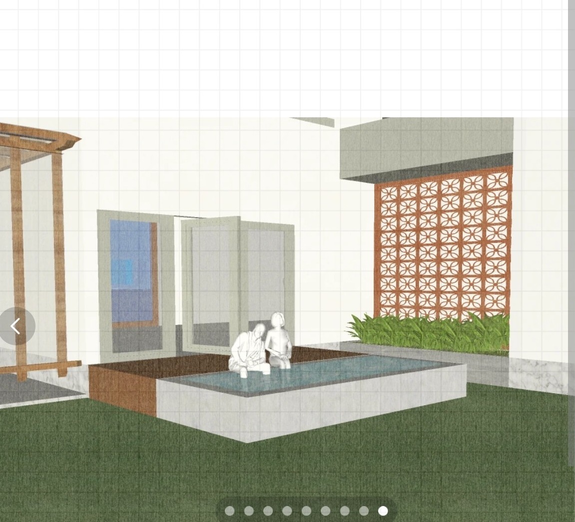 Render of the courtyard water body with jali screen and pergola