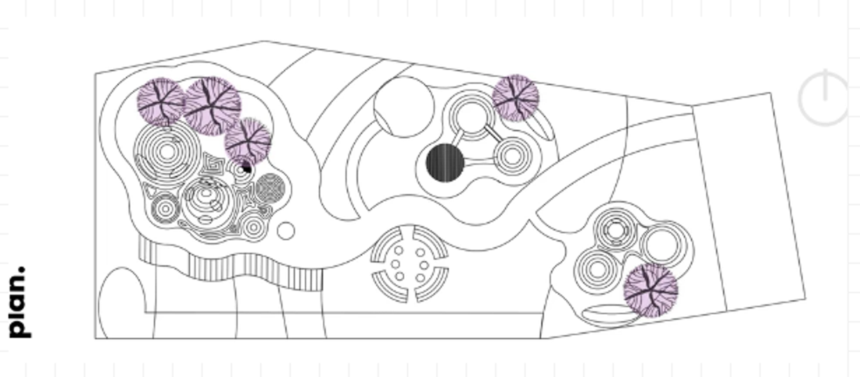 Landscape plan of the playground with contoured mounds and lavender blooming trees
