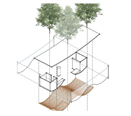 Exploded isometric drawing of the pavilion between the trees