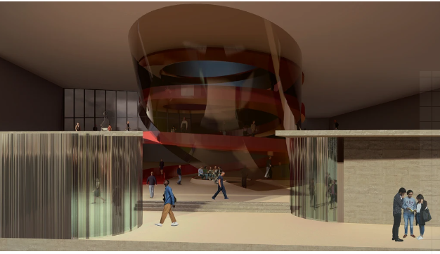 Interior render of the multi-level lobby volume