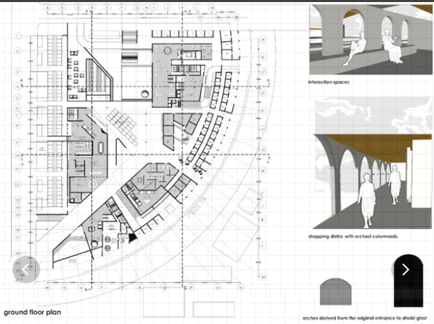 Ground floor plan with interaction spaces, shopping district and derived arches