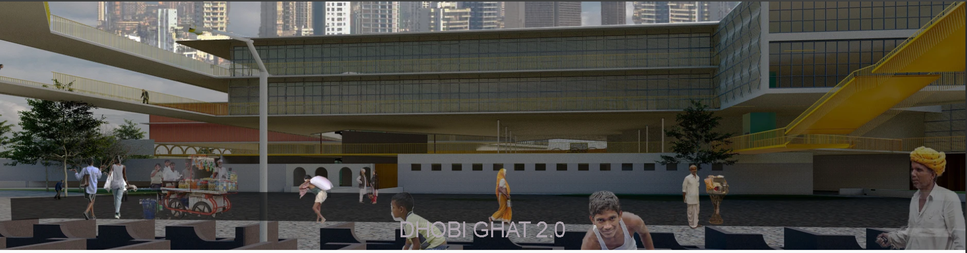 Render of the reimagined Dhobi Ghat public plaza with layered market decks