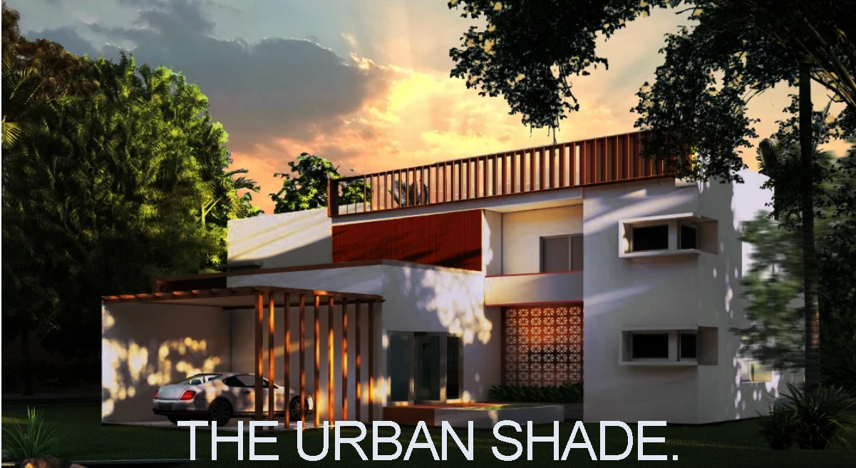 Evening render of the Urban Shade residence with timber screens and a car porch