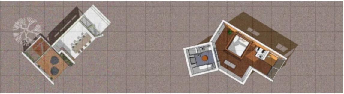 Rendered cut-away plans of the living, dining and bedroom wings