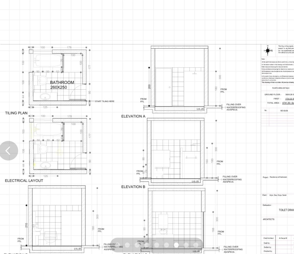 Toilet drawings — tiling plan, electrical layout and elevations
