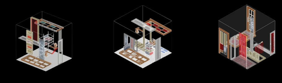 Exploded isometric diagrams of the 9x9x9 modular cube installation