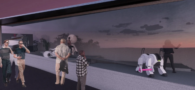 Dusk render of the campus plaza with students and a robotic dog